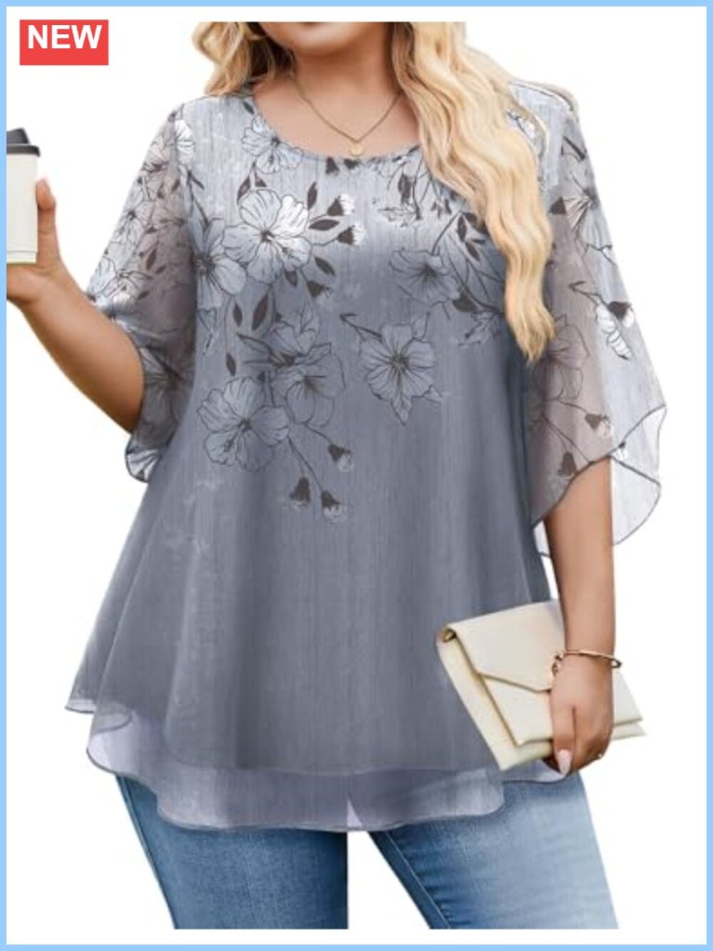 Plus Size 3/4 Ruffle Sleeve Double Layer Mesh Blouse Top